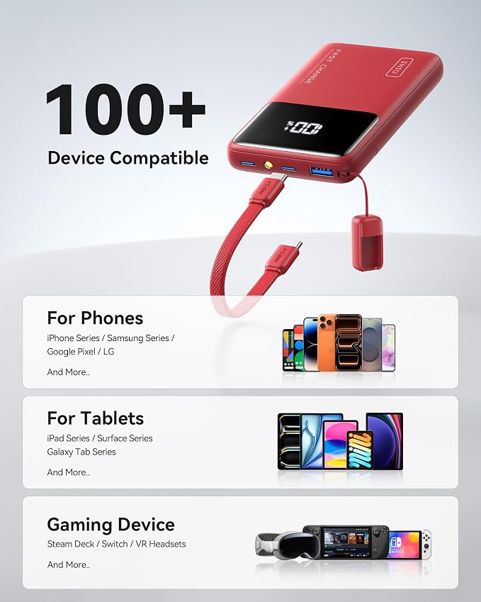 INIU Ultra Compact Power Bank, 10000mAh 45W Fast Charging Portable Charger with Detachable USB-C Cable & Stand, Flight-Safe Travel Battery Pack for iPhone, Samsung, Xiaomi, iPad, for Girls, Red