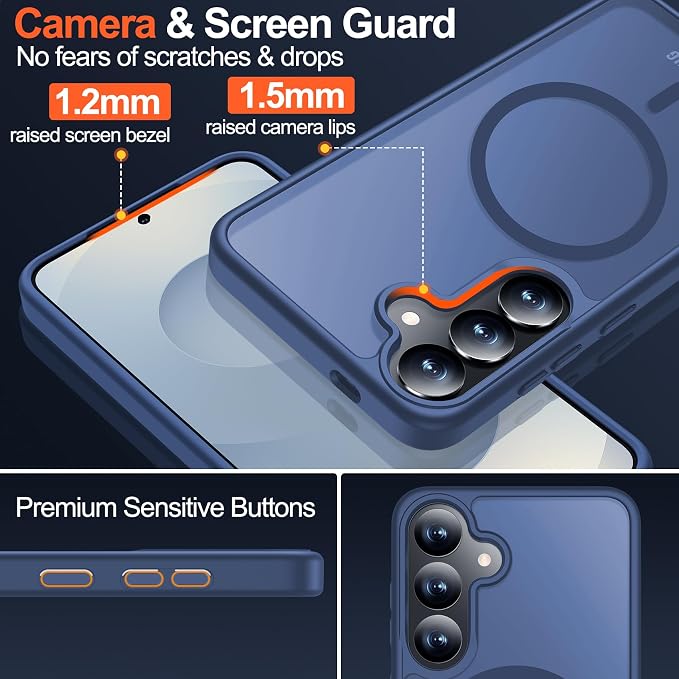 MOZOTER for Samsung Galaxy S25 Case with Magnetic,[Compatible with MagSafe][15Ft Military Dropproof][2*Screen Protector] Translucent Matte Anti-Slip Back Slim Shockproof Case for S25,6.2"(Blue)