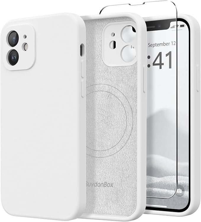 Magnetic for iPhone 12 Case, Compatible with MagSafe, [Full Camera Protection][Screen Protector] Silicone Shockproof Protective Phone Case for iPhone 12 6.1", White