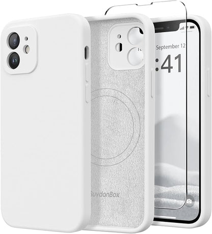 Magnetic for iPhone 12 Case, Compatible with MagSafe, [Full Camera Protection][Screen Protector] Silicone Shockproof Protective Phone Case for iPhone 12 6.1", White