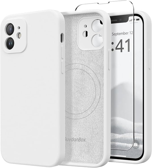 Magnetic for iPhone 12 Case, Compatible with MagSafe, [Full Camera Protection][Screen Protector] Silicone Shockproof Protective Phone Case for iPhone 12 6.1", White