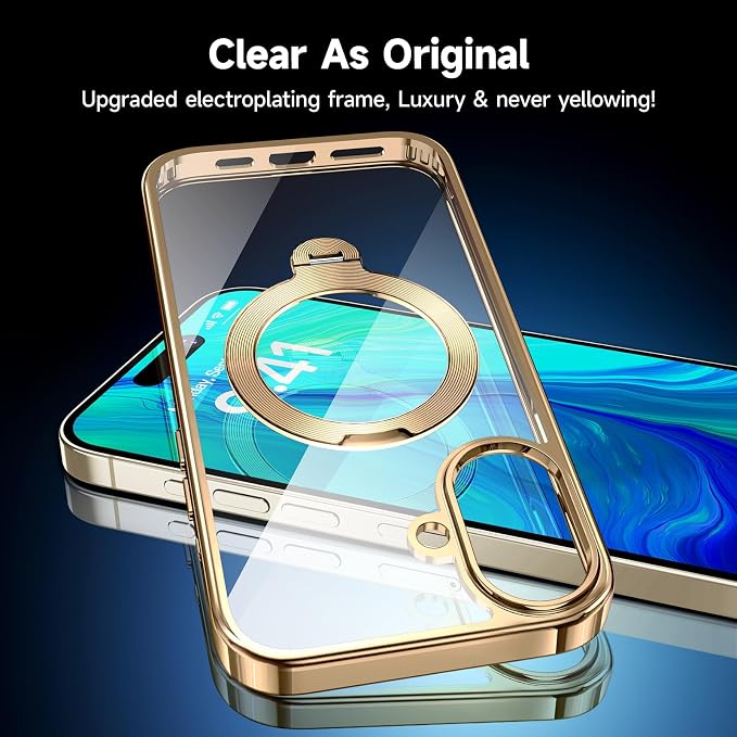 [Tri-Shield Protection] for iPhone 17 Case with 360° Spin Stand Compatible with MagSafe [Magnetic CD Ring] [Screen & Camera Lens Protector] Shockproof Plating Never-Yellowing, Gold-6.3"