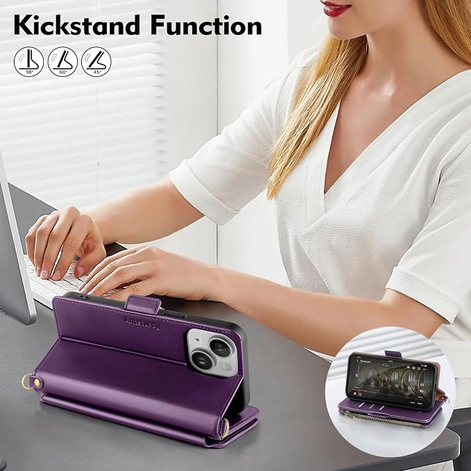 Antsturdy Compatible with iPhone 15 Wallet Case for Women【RFID Blocking】 Crossbody Phone Case PU Leather Zipper Wrist Strap Flip Protective Cover Credit Card Holder Slots,for Apple 15 6.1",Purple