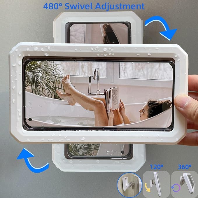 Shower Phone Holder Waterproof,480° Rotation Adjustable Wall Mount Shower Phone Case with Anti-Fog Touch Screen for Bathroom Tub Kitchen Mirror,Up to 6.8 in (White)