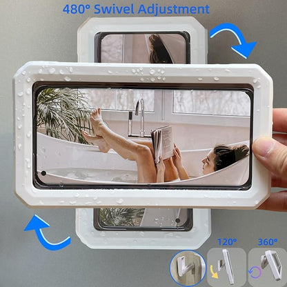 Shower Phone Holder Waterproof,480° Rotation Adjustable Wall Mount Shower Phone Case with Anti-Fog Touch Screen for Bathroom Tub Kitchen Mirror,Up to 6.8 in (White)