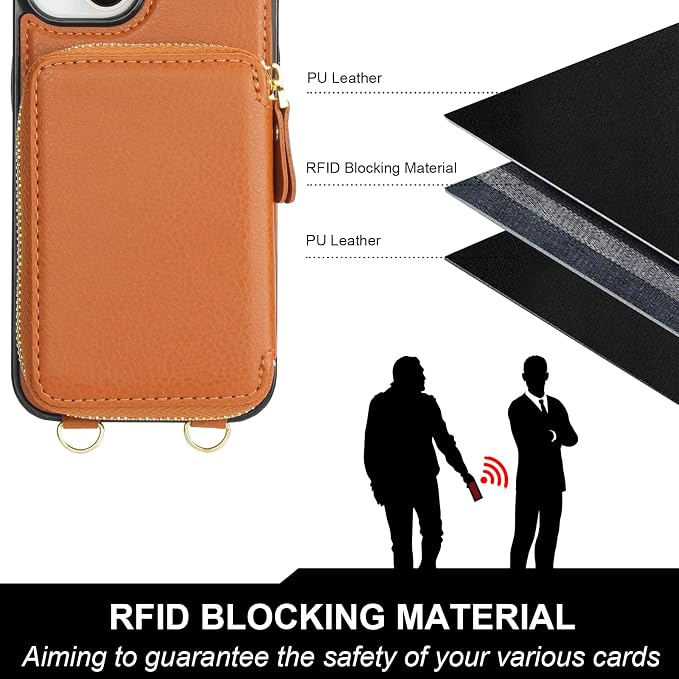 Bocasal for MagSafe Crossbody Wallet Case Compatible with iPhone 14 iPhone 13, RFID Blocking Protective Purse Case with Card Slots Holder Kickstand Wrist Strap Lanyard Zipper 6.1 Inch 5G (Brown)