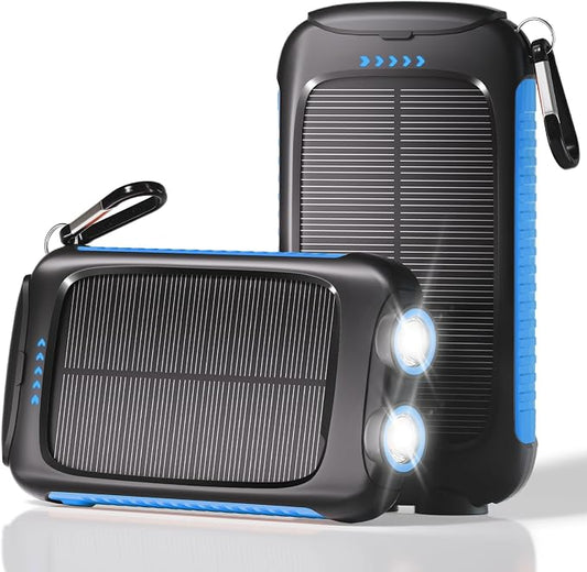 Solar Power Bank 20000mAh, Blue Portable Charger with USB-C&USB-A Outputs, Emergency Backup Battery Pack, LED Flashlight, for iPhone Samsung Android – Solar for Emergency Only, Perfect for Camping