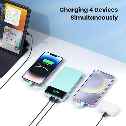 Portable Charger for iPhone,13800mAh Slim Power Bank with Built-in Cables & AC Wall Plug,All in One 4 Outputs USB C Fast Charging Battery Pack Travel Essential for iPhone 17/16/15/14,Android (Green)