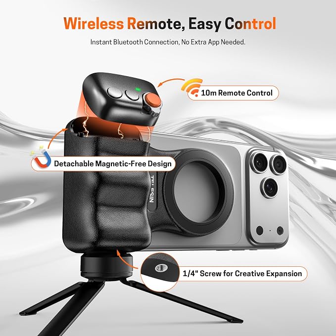 Magnetic Phone Camera Grip, Smartphone Holder Selfie Handle Snap with Wireless USB Remote Control & 1/4” Screw Mount, Camera Stabilizer for iPhone & Android Cellphone Selfie Vlog Video Live