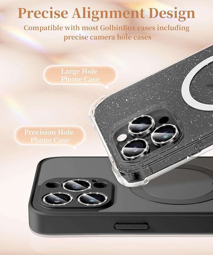 GolbinBox Camera Lens Protector for iPhone 14 Pro/14 Pro Max, 1:1 Invisible Fit, 9H Tempered Glass Ultra HD Metal Individual Camera Cover for Women, Case Friendly, Bling/Black