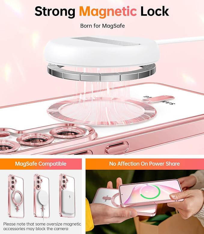 Meifigno Designed for Samsung Galaxy S25 Plus Case, [Compatible with MagSafe] [2X HD Screen Protectors] [Glitter Card & Wrist Strap] Surround Raised Lens Protection Case for S25 Plus 6.7", Rose Gold