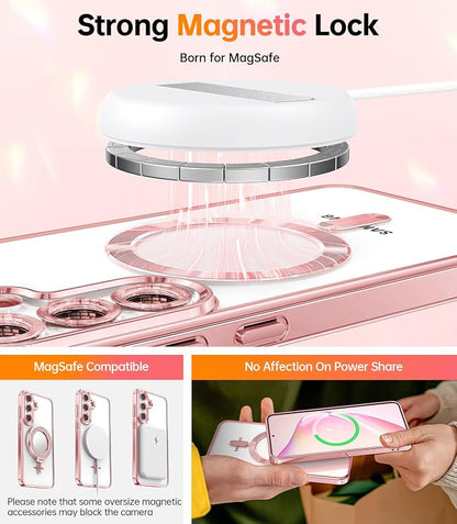 Meifigno Designed for Samsung Galaxy S25 Plus Case, [Compatible with MagSafe] [2X HD Screen Protectors] [Glitter Card & Wrist Strap] Surround Raised Lens Protection Case for S25 Plus 6.7", Rose Gold