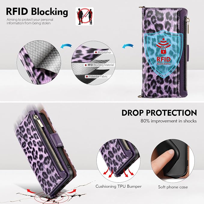 Antsturdy Compatible with iPhone 15 Wallet Case for Women【RFID Blocking】 Crossbody Phone Case PU Leather Zipper Wrist Strap Flip Cover Credit Card Holder Slots,for Apple 15 6.1",Leopard-Purple