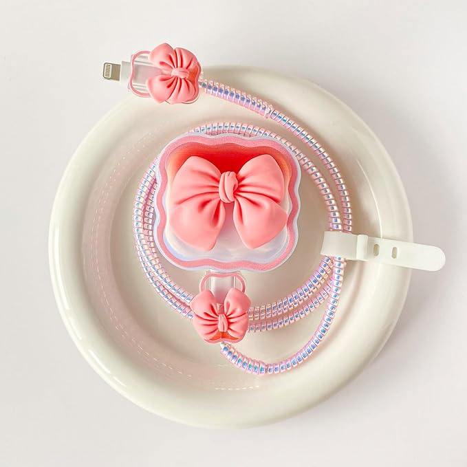 Charger Protection Set, Compatible with Apple 40W Dynamic Power Adapter (with 60W Max), DIY 3D Wave Gradient Flexible TPU Charger Case + Plated Spiral Data Cable Protector, Pink Bowknot (5in1)