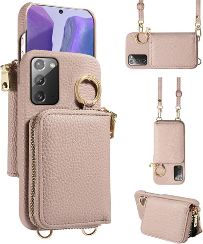 Wallet Case for Samsung Galaxy Note 20 5G with Shoulder Strap Ring Buckle, PU Leather Zipper Flip Organ Purse, Card Holder Stand Phone Cover for Note20 Notes 20s Twenty Not S20 Women Men Khaki