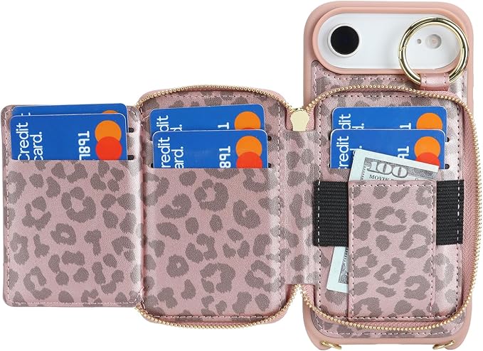 Crossbody Wallet Case for iPhone Air, PU Leather Zipper Handbag Purse Flip Cover, Kickstand Folio Case with Card Slots Holder Wrist Strap Lanyard 5G 6.5 Inch-Pink Leopard