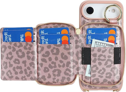 Crossbody Wallet Case for iPhone Air, PU Leather Zipper Handbag Purse Flip Cover, Kickstand Folio Case with Card Slots Holder Wrist Strap Lanyard 5G 6.5 Inch-Pink Leopard