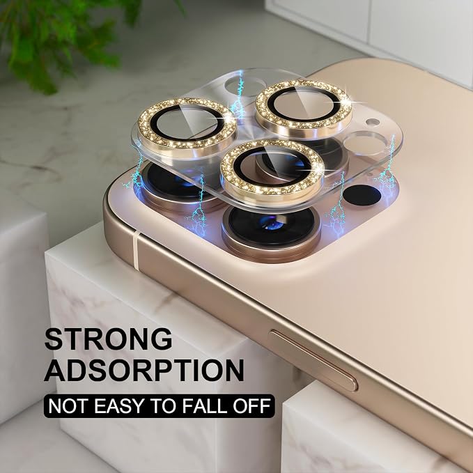 Choiche Compatible for iPhone 16 Pro/iPhone 16 Pro Max Camera Lens Protector, Bling Camera Cover with 9H Tempered Glass Lens Screen Protector Metal Ring Decoration Accessories (Clear-Titanium Desert)