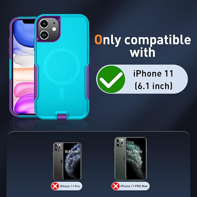 Xmon for iPhone 11 Magnetic Case [Compatible with MagSafe] Tempered Glass Screen Protector with Camera Lens Protector Phone Case Cover for Apple iPhone 11 (Magnetic Aqua Purple)
