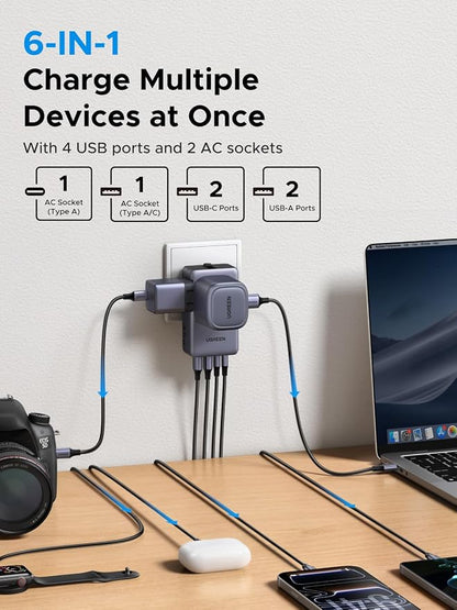 UGREEN 45W Universal Travel Plug Adapter, 6-Port (2 USB-C, 2 USB-A, 2 AC) International Power Adapter, Ultra Thin Power Adapter for 200+ Countries, Worldwide Compact Travel Essentials, Black