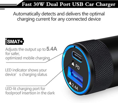 USB C Fast Car Charger,30W 3.0 PD Type C Car Adapter 2 Port USB C Car Plug Compatible for iPhone 17/16/15/14/13/12 Pro Max/11 Pro/SE/X/XR/8/7/6 Plus,Samsung Galaxy S25 S24 S23 S22 S21 S20,Pixel 9 8 7