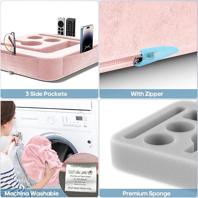 Couch Cup Holder Tray, Couch Caddy for Drink, Snack, Phone, Remote, Ipad, Game Controller, Large-Size Sofa Cup Holder for Bed, Sofa, Car, Desk, Pink