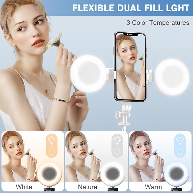 Selfie Stick Tripod with Fill Light, Phone Selfie Stick,Durable Stainless Steel Design,Bluetooth Remote Control,and Stable Three-Legged Support for Live Broadcasts,Video Shooting (White)