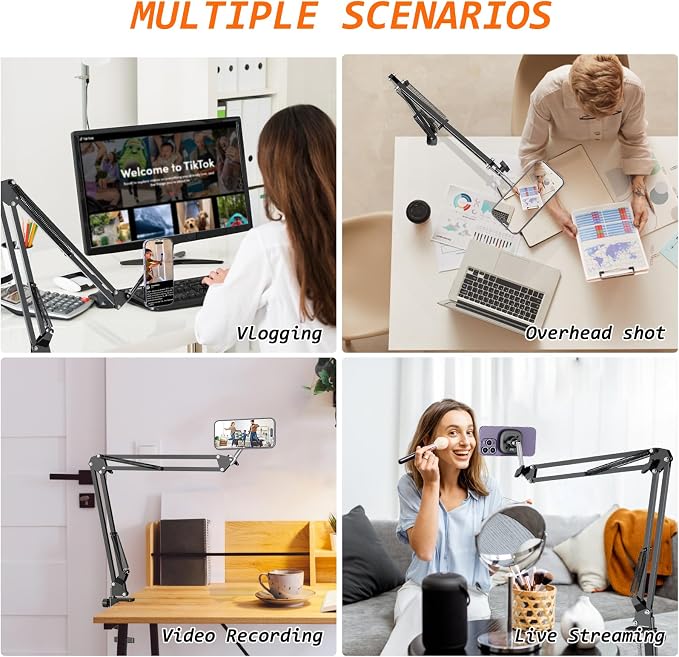 VRIG Magnetic Phone Holder Mount for Desk,MagSafe Flexible Overhead Phone Mount Stand,360° Free Adjustable Long Arm Cell Phone Stand for Desk/Bed for iPhone and More/Android,Magnetic Ring Included