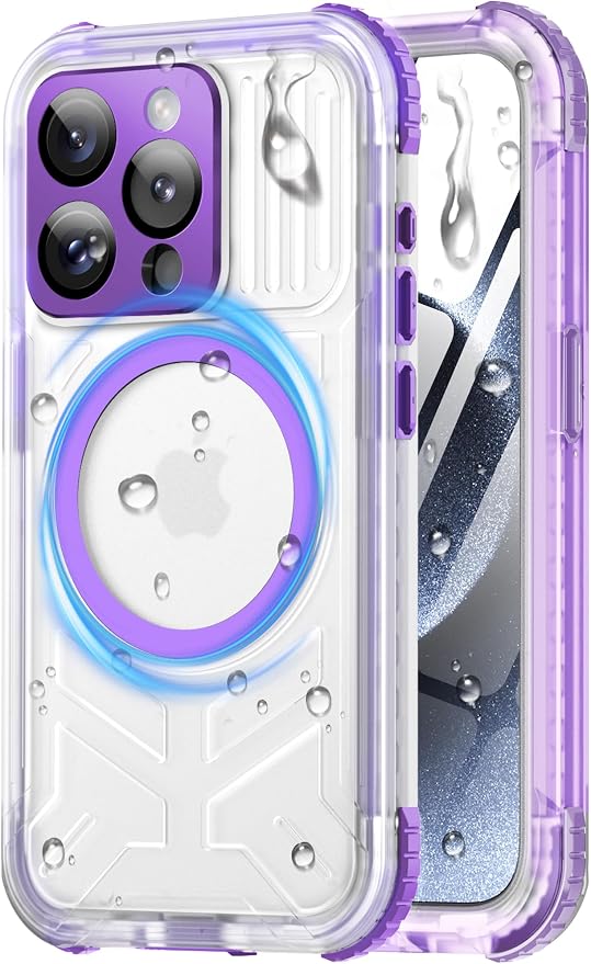 for iPhone 15 Pro Max Waterproof Case with Magsafe, Built-in [Camera & Screen Protector] [Lanyard], IP68 Water Proof Full Body Dustproof Heavy Duty Frosted Protective Phone Cover, 6.7" Purple