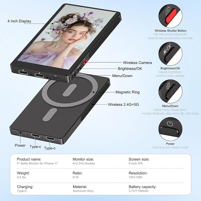 4" Back Camera Monitor iPhone 17, Magnetic Vlog Selfie Monitor Screen for iPhone 17,1080P Wireless Mirroring Back Camera Selfie Monitor for Vlog YouTube TikTok,Snaplylens for iPhone,Android, Black