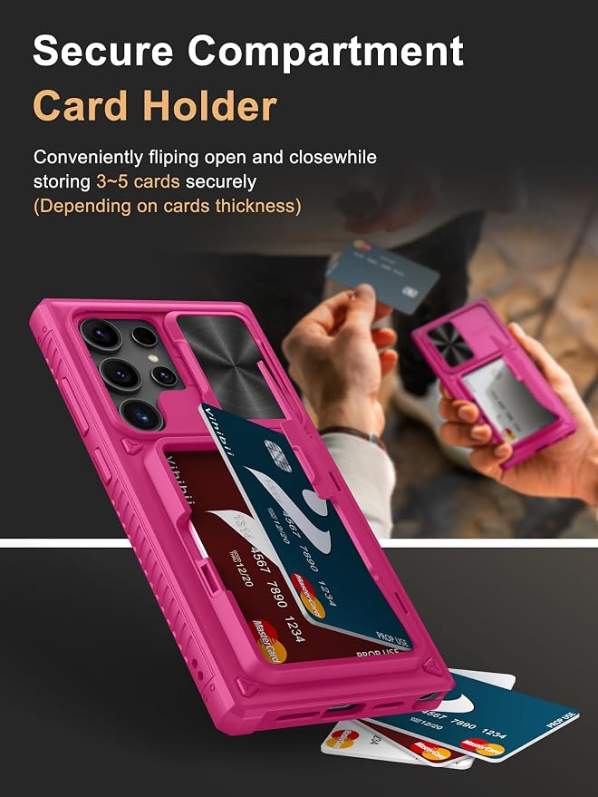 Vihibii for Samsung Galaxy S23 Ultra Case with Card Holder (4 Cards), Slide Camera Cover & Stand, Raised Edges Protect Screen & Military Grade Drop Protection Case for Galaxy S23 Ultra 6.8", Hot Pink