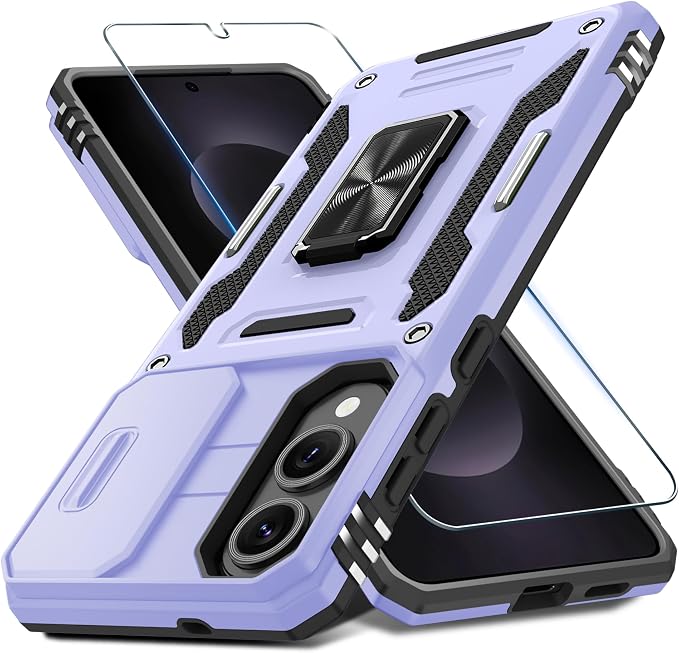 DEERLAMN Case for Samsung Galaxy S25 Edge with Slide Camera Cover+Screen Protector (1 Pack), Rotated Ring Kickstand Military Grade Shockproof Protective Cover-Light Purple