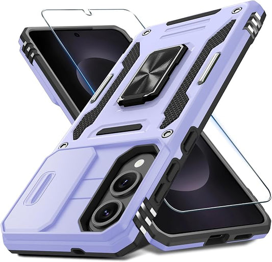 DEERLAMN Case for Samsung Galaxy S25 Edge with Slide Camera Cover+Screen Protector (1 Pack), Rotated Ring Kickstand Military Grade Shockproof Protective Cover-Light Purple