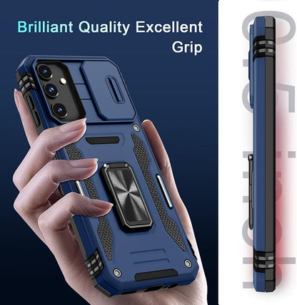 DEERLAMN Case for Samsung Galaxy A15 5G with Slide Camera Cover+Screen Protector (1 Pack), Rotated Ring Kickstand Military Grade Shockproof Protective Cover-Navy Blue