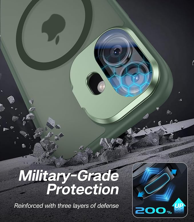[Upgraded] for iPhone 16 Case with Camera Cover Stand [Fit for MagSafe][9H Camera Lens Protector] Mil-Grade Protection Translucent Matte Silicone Magnetic iPhone 16 Phone Case, Green