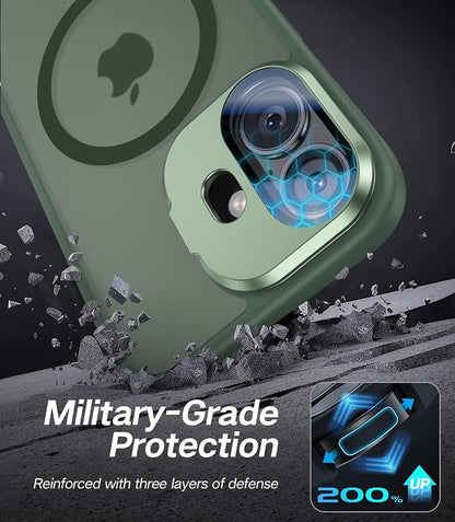 [Upgraded] for iPhone 16 Case with Camera Cover Stand [Fit for MagSafe][9H Camera Lens Protector] Mil-Grade Protection Translucent Matte Silicone Magnetic iPhone 16 Phone Case, Green