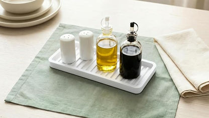 Happitasa Silicone Kitchen Sink Organizer Tray, Sponge Holder and Countertop Protector | Bathroom and Kitchen Soap Dish and Dispenser Tray (White, 9"x3.5", 5.6 Ounces)