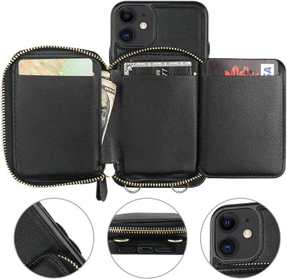 Bocasal RFID Blocking Wallet Case for iPhone 11, Adjustable Crossbody Zipper Purse Case Card Holder with Kickstand Detachable Wrist Strap, PU Leather Flip Folio Case 6.1 Inch (Black)