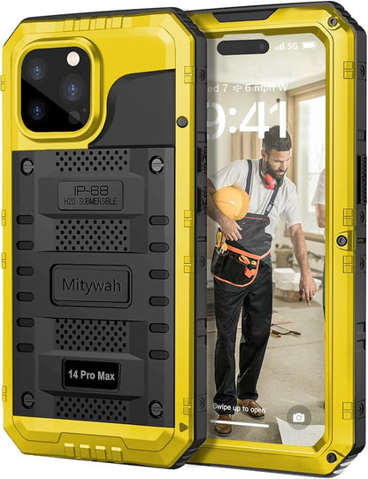 Mitywah Waterproof Case for iPhone 14 Pro Max, Heavy Duty Shockproof Case with Built-in Screen Protector, Full Body Underwater Protective Metal Case 6.7 inch, Yellow