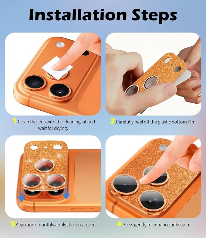 imluckies Compatible with iPhone 17 Pro Camera Lens Protector Bling, Ultra HD Tempered Glass Shiny Diamond Camera Plate Sparkle Screen Protection, 9H Anti-Scratch & Easy Install, Glitter Orange