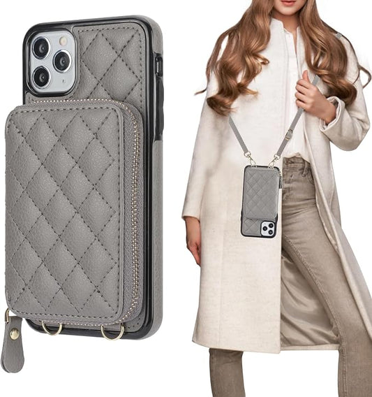 Bocasal Crossbody Wallet Case for iPhone 11 Pro Max, RFID Blocking PU Leather Zipper Handbag Purse Flip Cover, Kickstand Folio Case with Card Slots Holder Wrist Strap Lanyard 6.5 Inch (Grey)