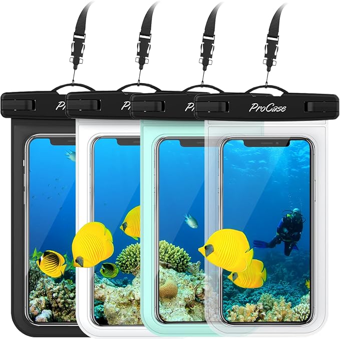 ProCase Waterproof Phone Pouch for iPhone 17 Air 16 15 14 13 12 11 Pro Plus Max Mini Xs XR X 8 7 Galaxy S23 S22 S21 Ultra Note Black Underwater Case, up to 7" -Black/White/Green/Clear