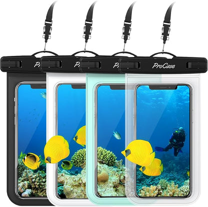 ProCase Waterproof Phone Pouch for iPhone 17 Air 16 15 14 13 12 11 Pro Plus Max Mini Xs XR X 8 7 Galaxy S23 S22 S21 Ultra Note Black Underwater Case, up to 7" -Black/White/Green/Clear