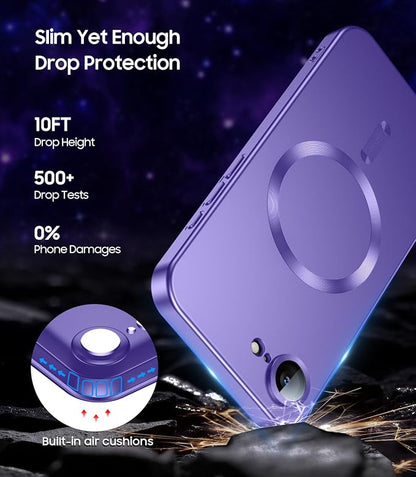 Magnetic for iPhone 16e / 17e Case [Compatible with MagSafe][Built-in Camera Lens Protector] Slim Soft Silicone Bumper Shockproof Metallic Luster 17e Phone Case (Purple)