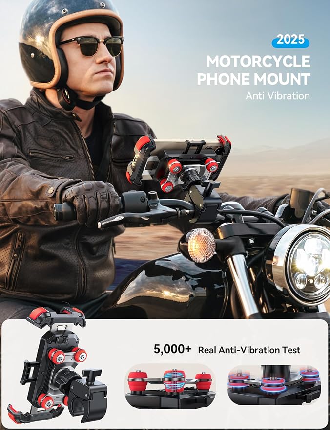 JOYROOM Motorcycle Phone Mount Holder - [Dual Vibration Dampener] 150mph Anti-Shock Phone Holder for Motorcycle [Upgrade Metal Handlebar Clamp] - Bicycle Bike Phone Holder Mount for 4.7-7" Phones Red