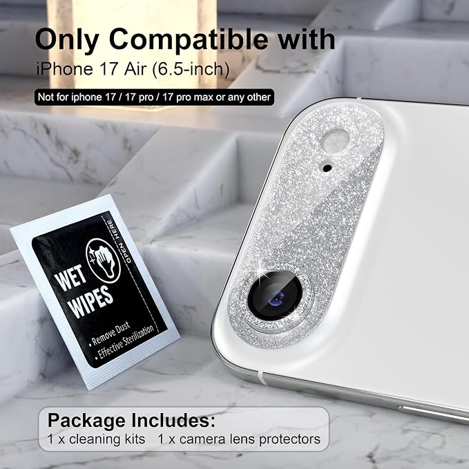 Choiche Compatible for iPhone 17 Air Camera Lens Protector, Bling Camera Cover with 9H Tempered Glass Lens Screen Protector Metal Ring Decoration Accessories 6.5-inch (Glitter-Silver)