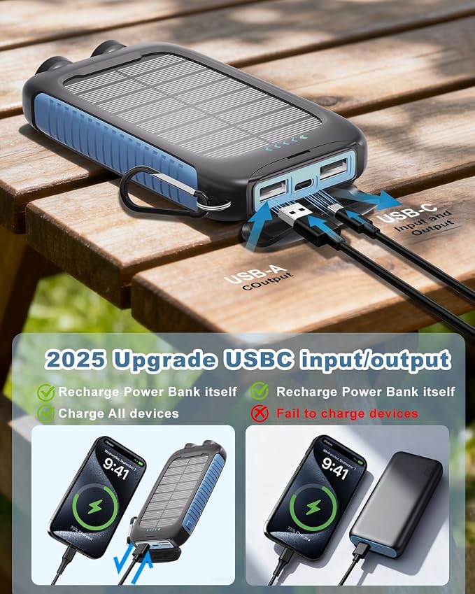 Solar Power Bank 20000mAh Portable Charger 15W Fast Charging with USB-A USB-C Ports Battery Bank Compatible with iPhone, Waterproof, Emergency LED Flashlights for Camping, Hiking Blue | 3 Ports Fast Charging External Battery Pack with USB C for Phones ...