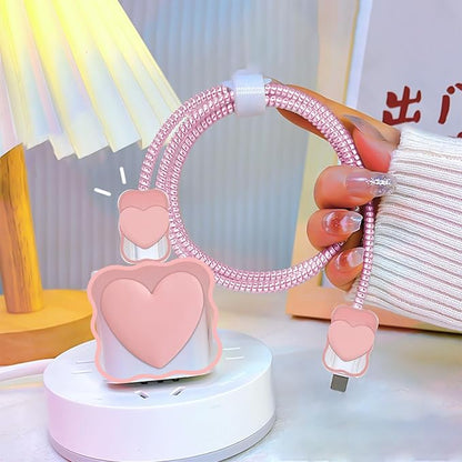 CameCosy DIY Phone Charger Case Storage Sets Earphone Wire Saver Cable Protector with Travel Storage Bag, Soft Cute Cable Charger Protector Cord Organizer for iPhone (Pink Love Heart)