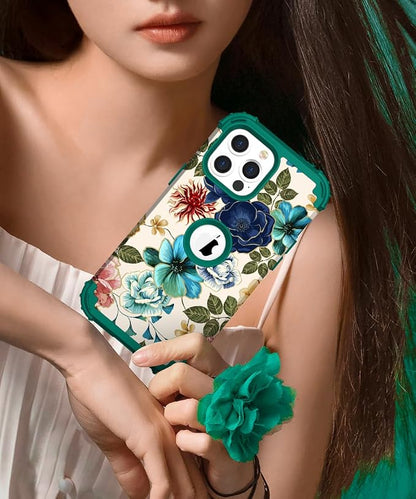 Hocase for iPhone 13 Pro Case, Heavy Duty Shockproof Protection Soft Silicone Rubber+Hard Plastic Bumpers Hybrid Protective Case for iPhone 13 Pro 6.1" 2021 - Teal Flowers