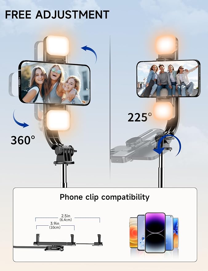 45" Selfie Stick Tripod with 2 Lights, Extendable 5 in 1 Selfie Stick Phone Tripod, Portable Selfie Sticks with Wireless Remote Compatible with iPhone 15/14/13 Pro Max, Samsung, Android, Gopro